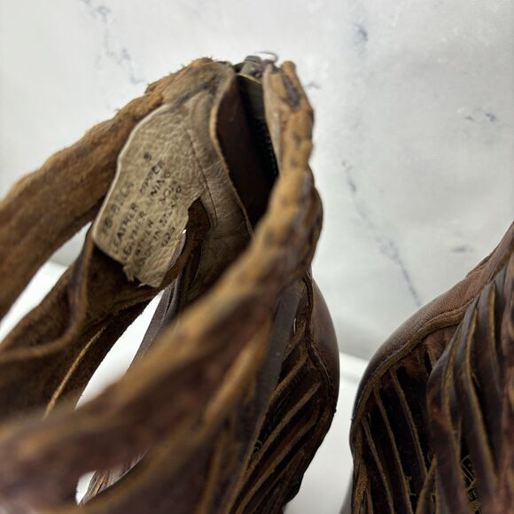 Freebird Booties Heel Bela braided laser cut brown leather Sz 8 Boho Westen - Picture 2 of 16